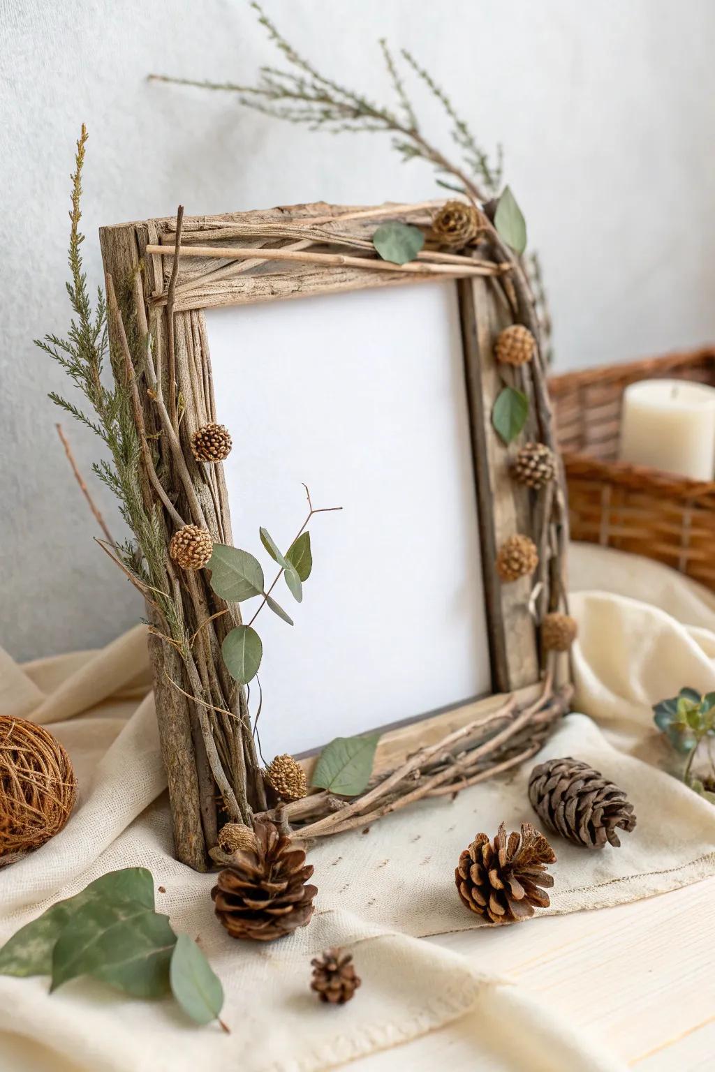 A nature-inspired frame adorned with twigs and pinecones, ideal for Mother's Day.