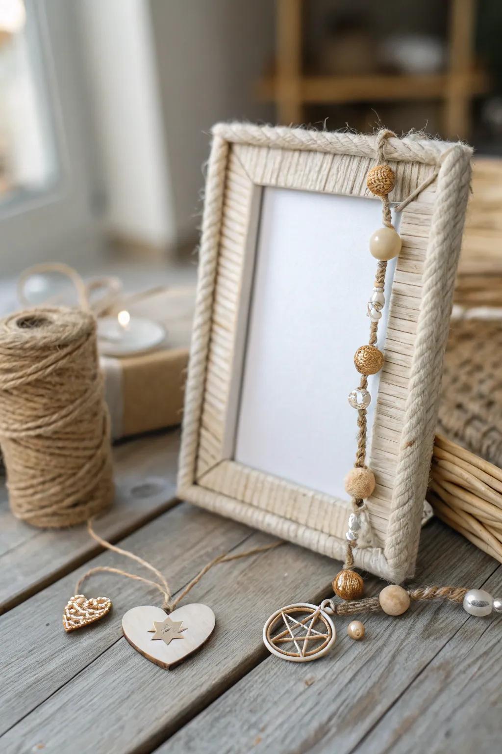 A minimalist twine-wrapped frame that exudes rustic charm for Mother's Day.