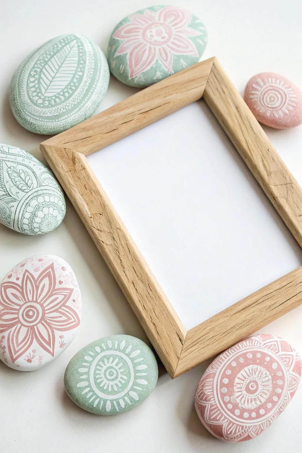 A painted rock frame blending natural elements with creative flair for Mother's Day.