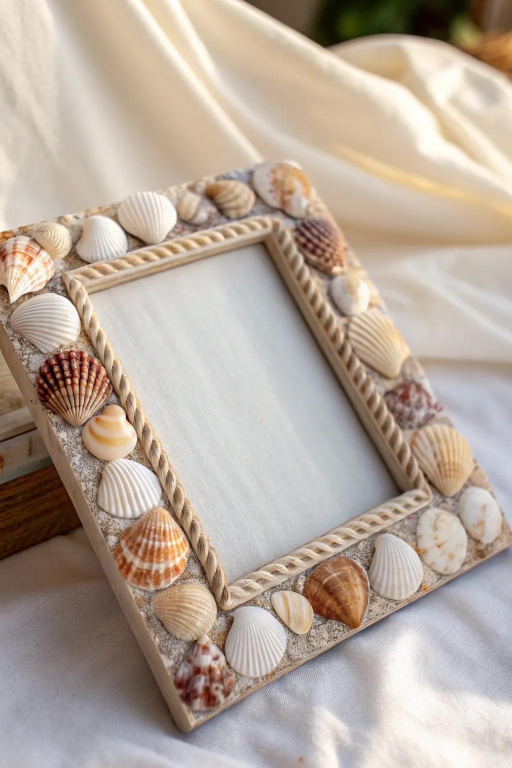 A shell-adorned frame that brings the beach's serenity into your home.