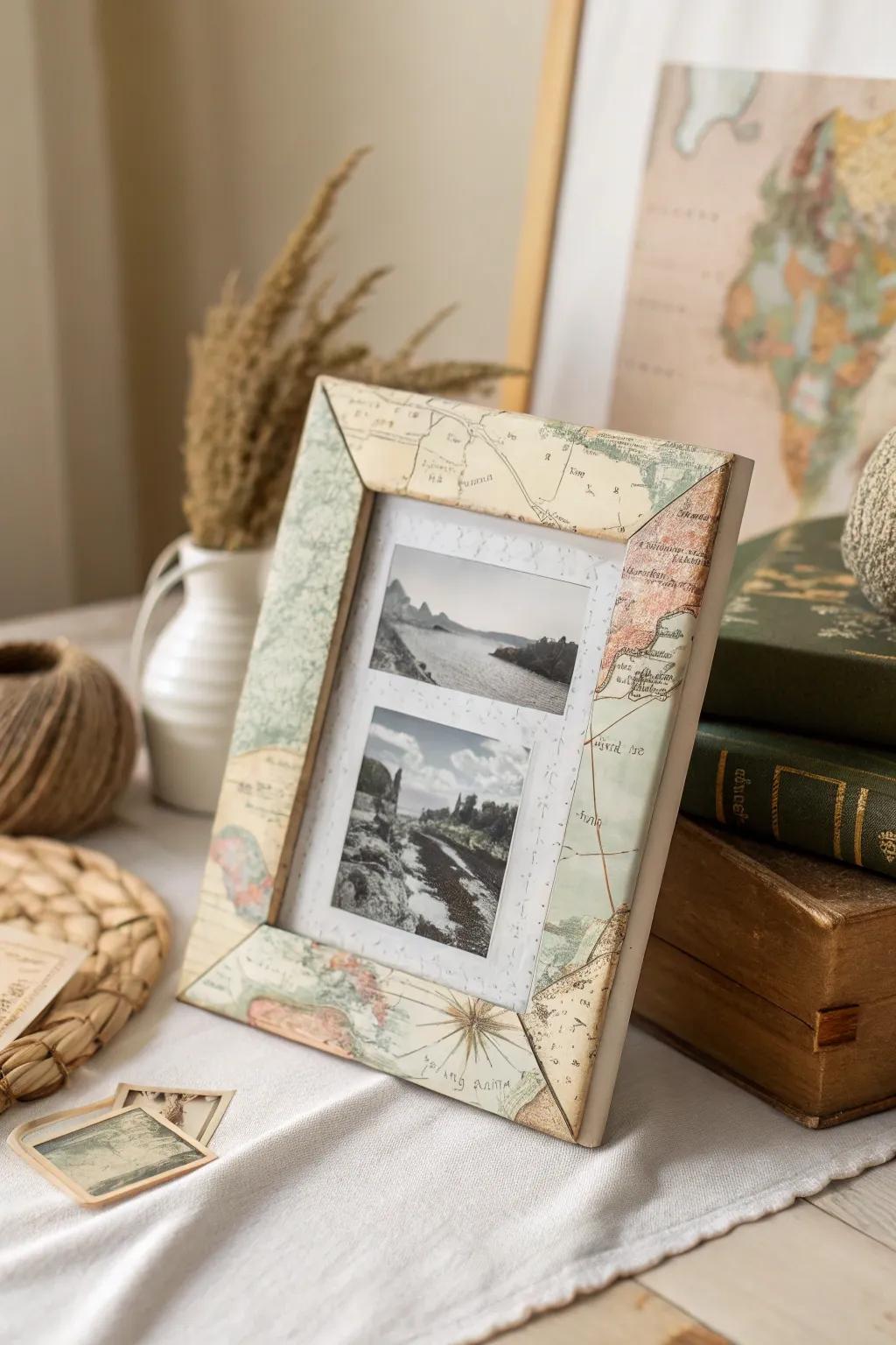 A vintage map frame that beautifully showcases travel memories for adventurous moms.