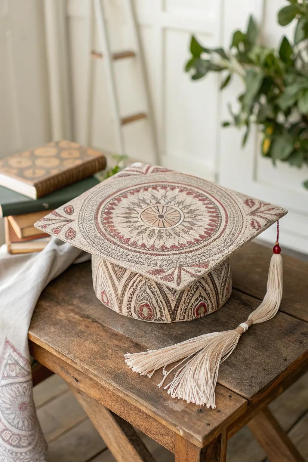 Showcase your heritage with elegant cultural motifs on your graduation cap.