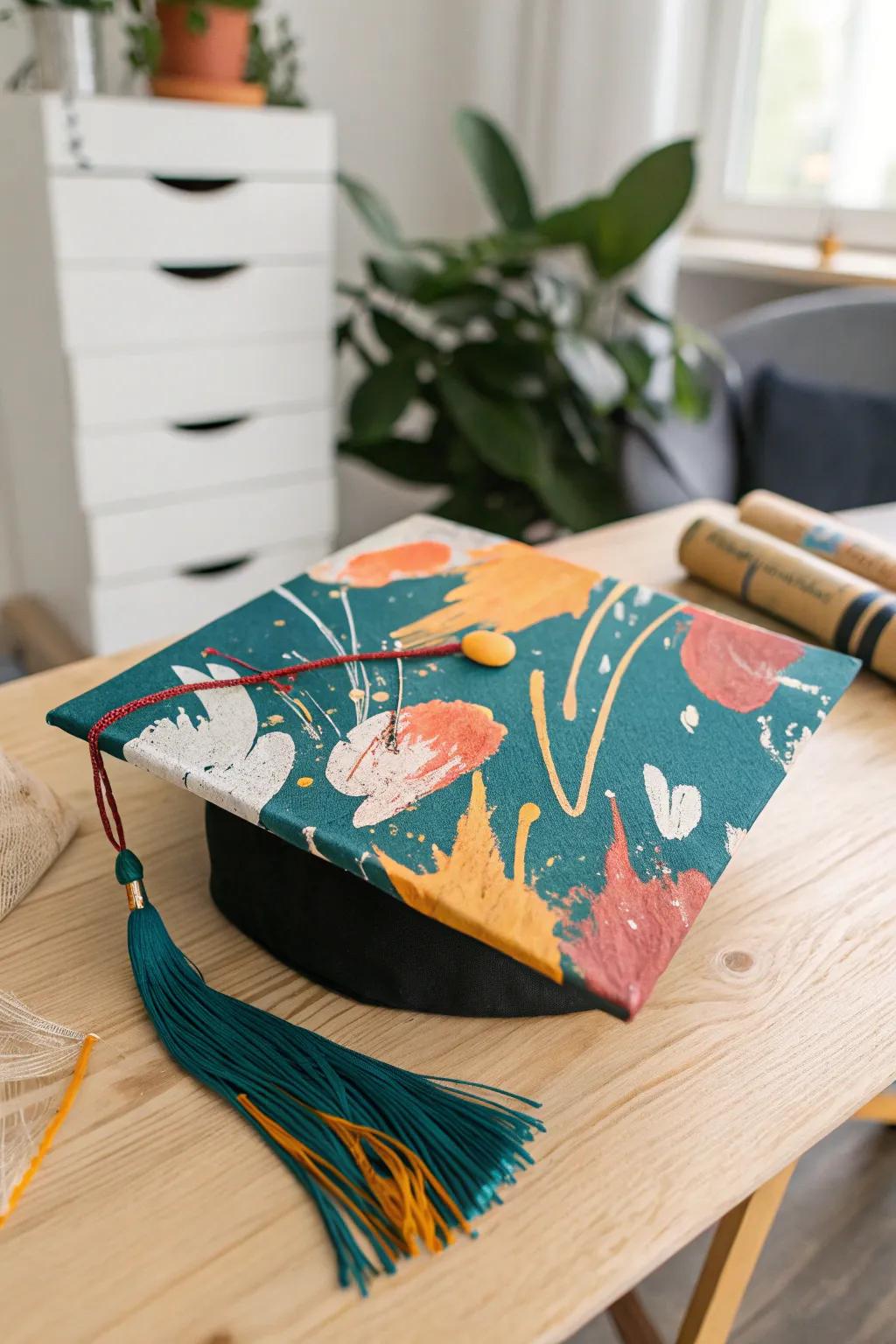 Express your creativity with abstract art for a contemporary graduation cap design.