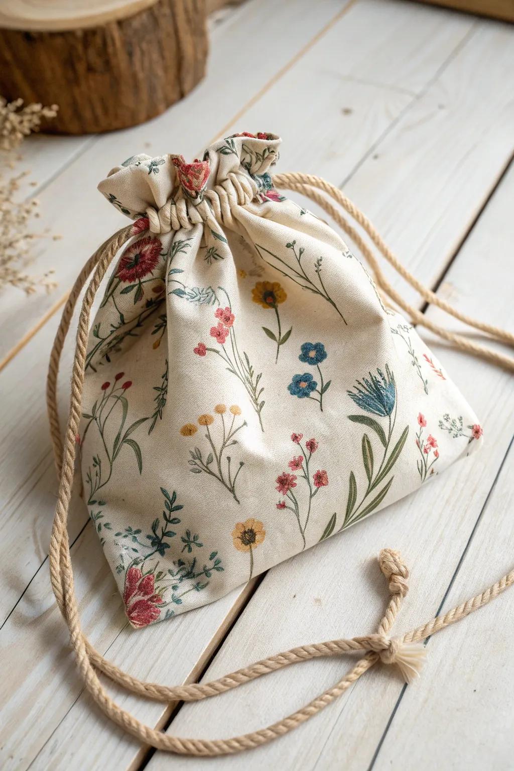 Add a splash of spring with a delightful floral drawstring bag that livens up any space.