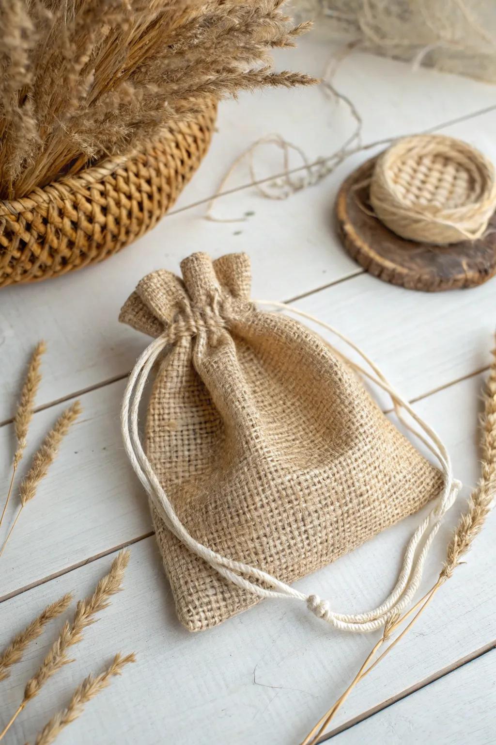 Add farmhouse flair with a burlap drawstring bag that combines rustic style and practicality.