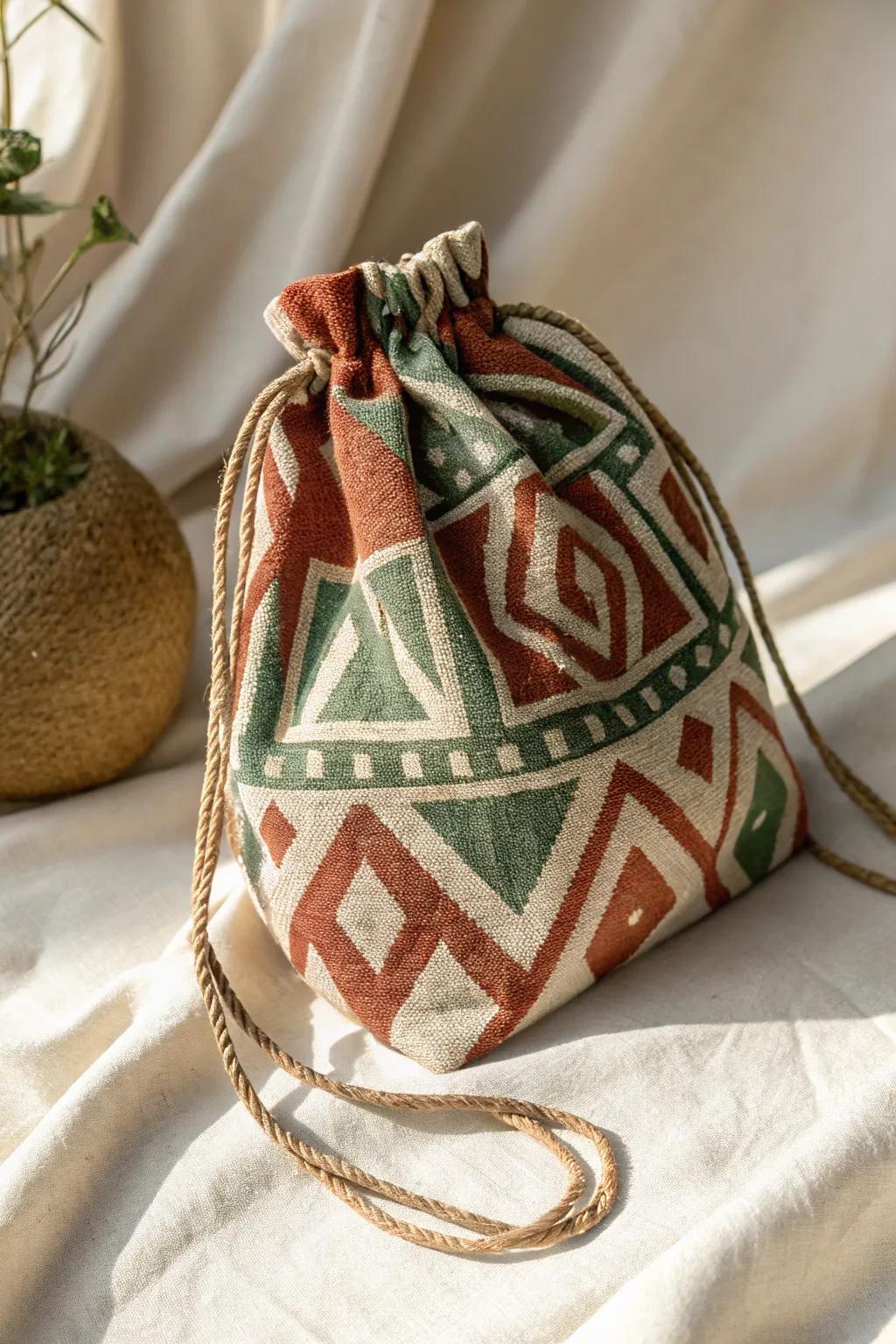 Elevate your accessory collection with a geometric drawstring bag that fuses Scandinavian minimalism and boho chic.
