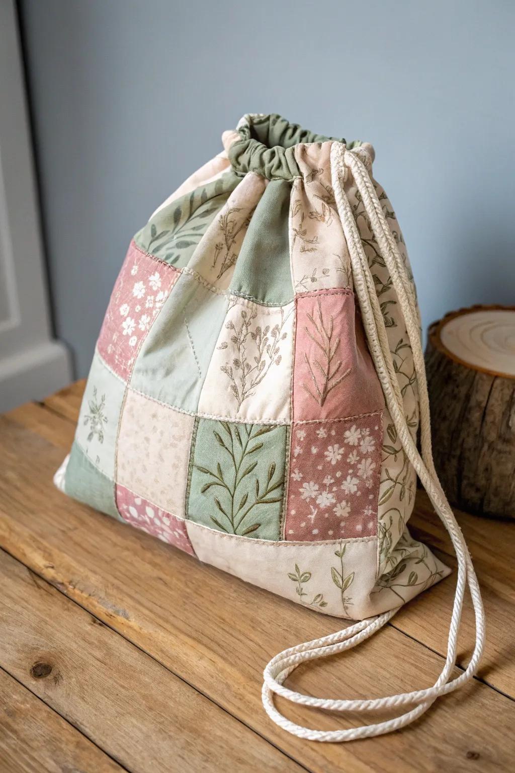 Celebrate fabric scraps by crafting a patchwork drawstring bag that blends simplicity with bohemian charm.