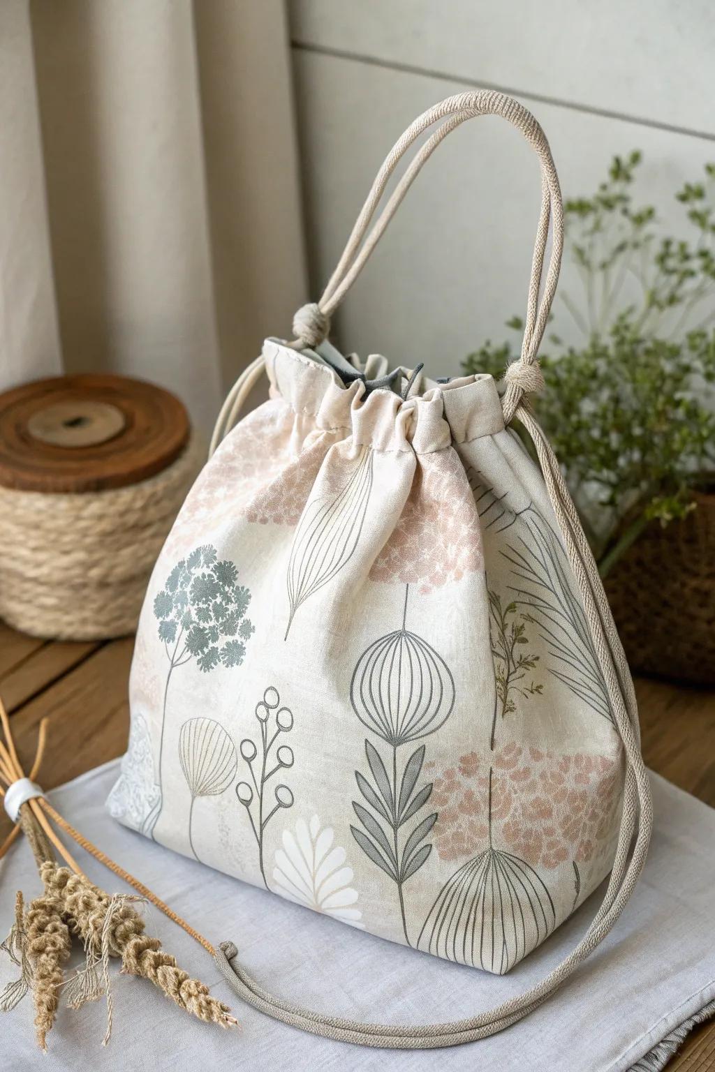 Experience the harmony of form and function with a Japanese-style drawstring tote featuring a handle.