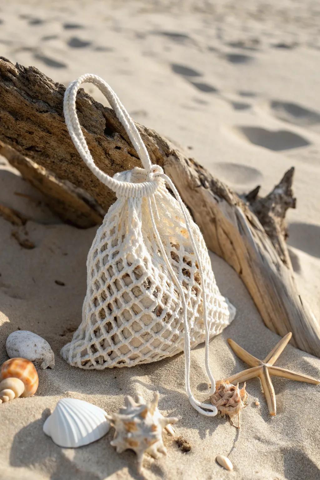 Enjoy beach outings with a practical mesh drawstring bag that combines style and function.