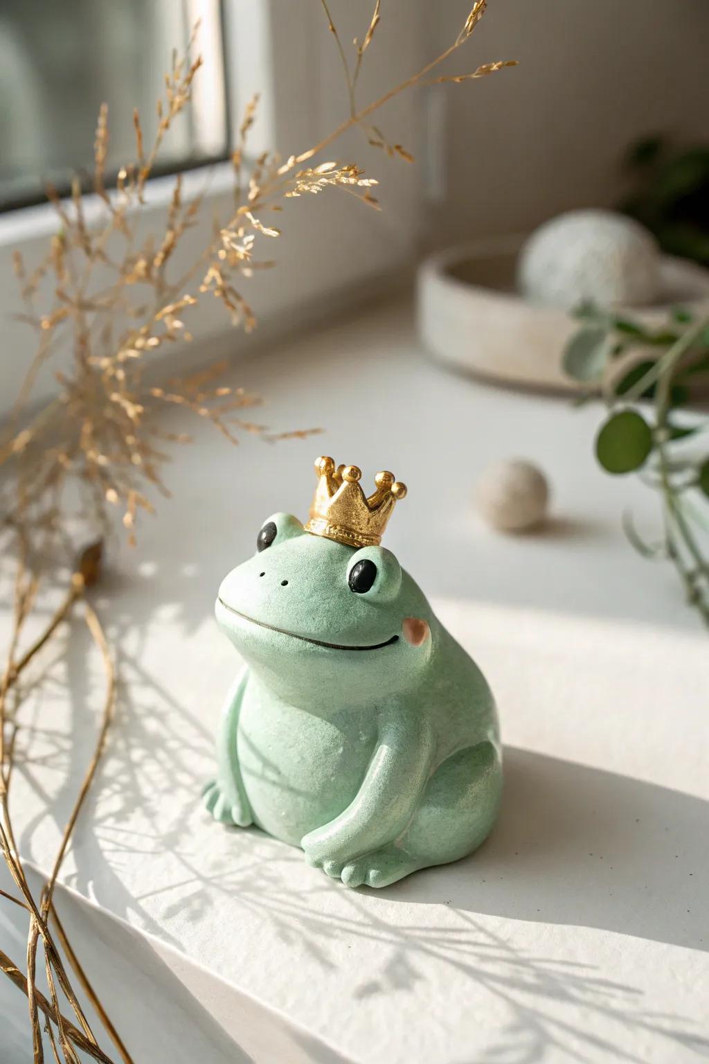 Bring a playful vibe with this charming clay frog, complete with a tiny crown for a royal touch.