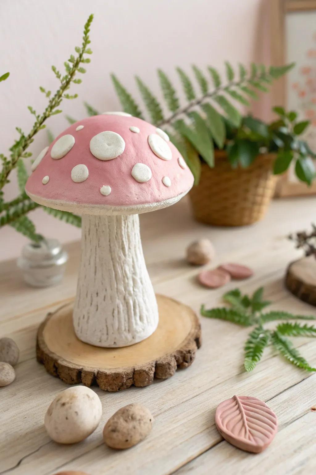 Add a whimsical flair to your space with this charming clay mushroom.