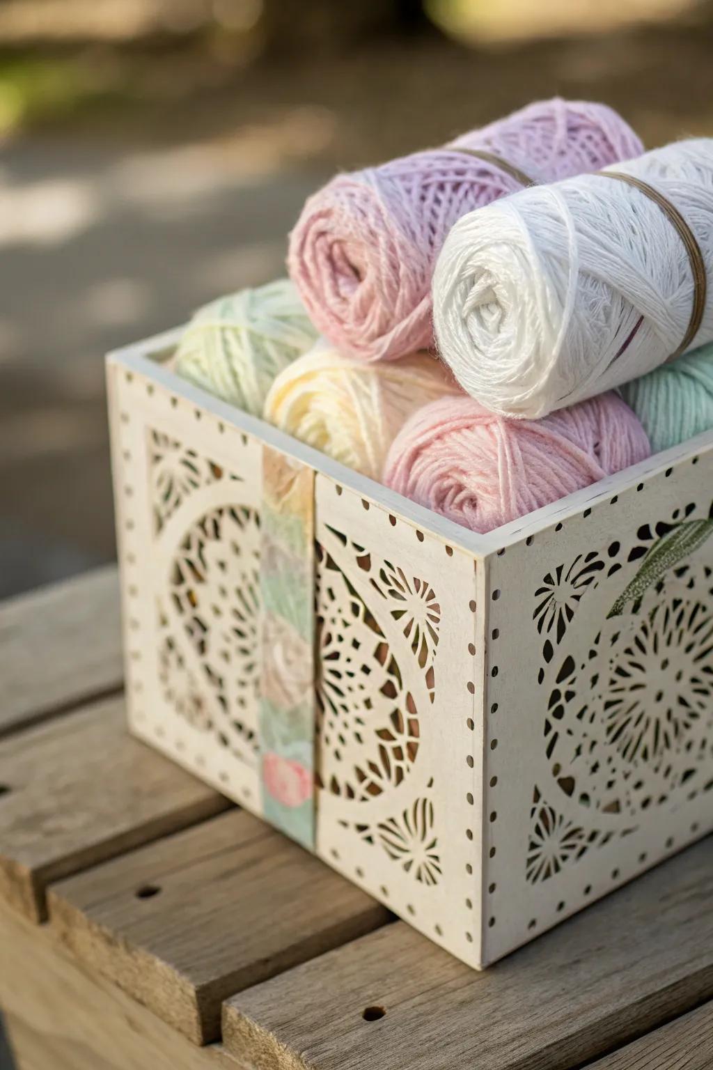 Box decorated with layered paper and colorful yarn for a textured effect