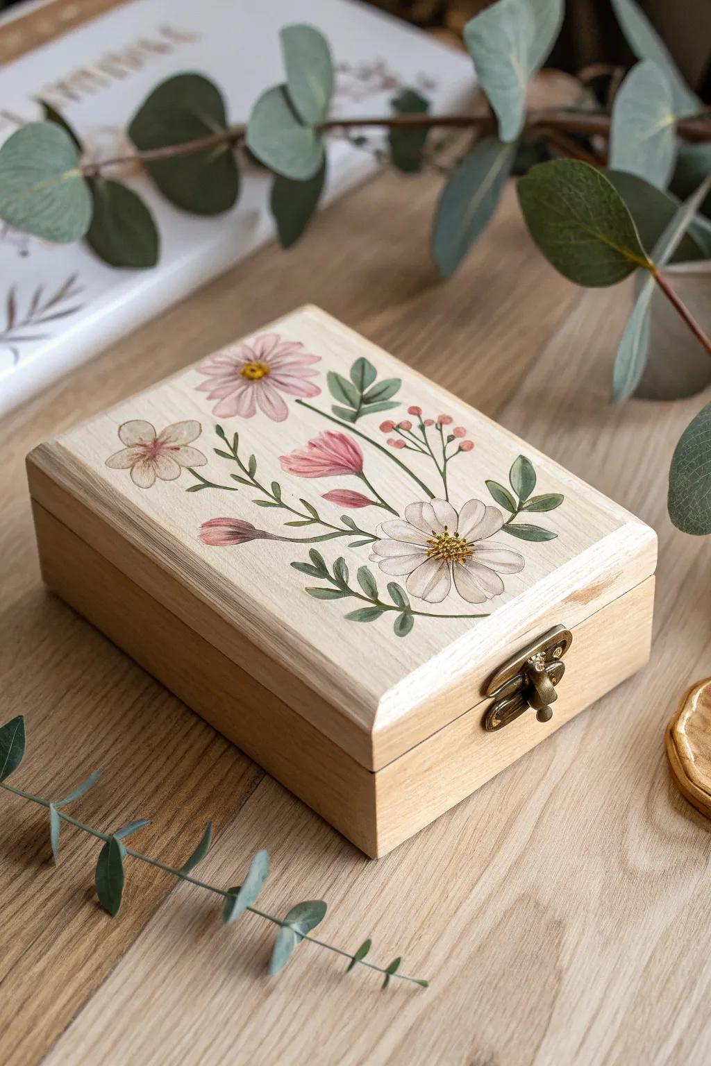 Hand-painted wooden box showcasing minimalist and boho-inspired artwork