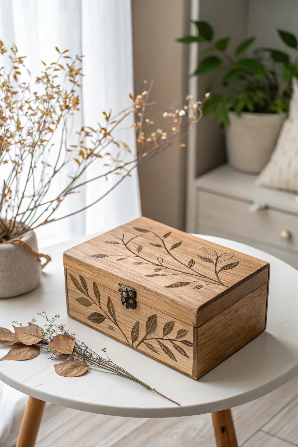 Box decorated with natural elements like twigs and dried leaves for an earthy vibe