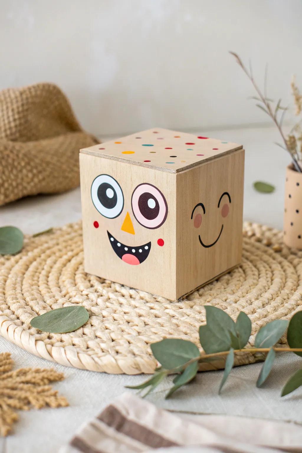 Minimalist box decorated with playful cartoon faces using googly eyes and craft paper