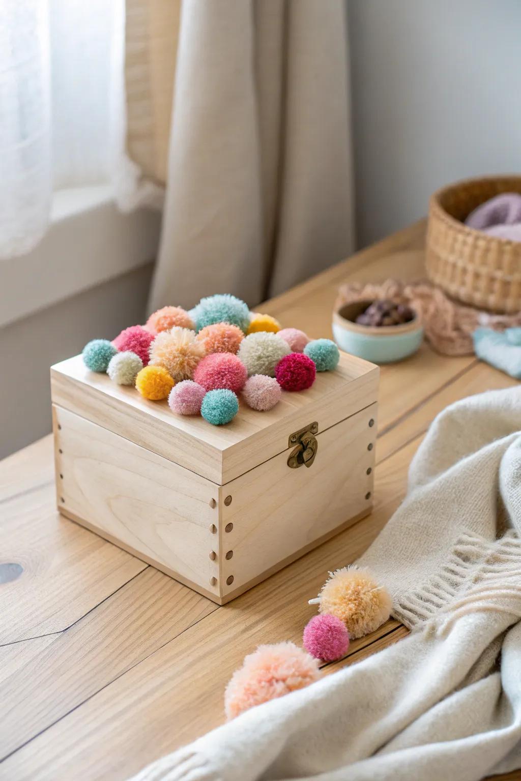 Box adorned with colorful pom-poms for a lively and whimsical effect