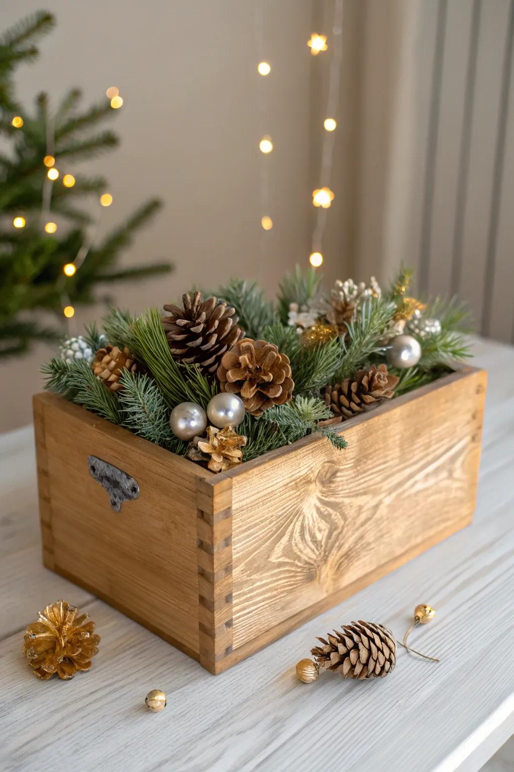 Minimalist box decorated with holiday-themed accents like pinecones and fairy lights