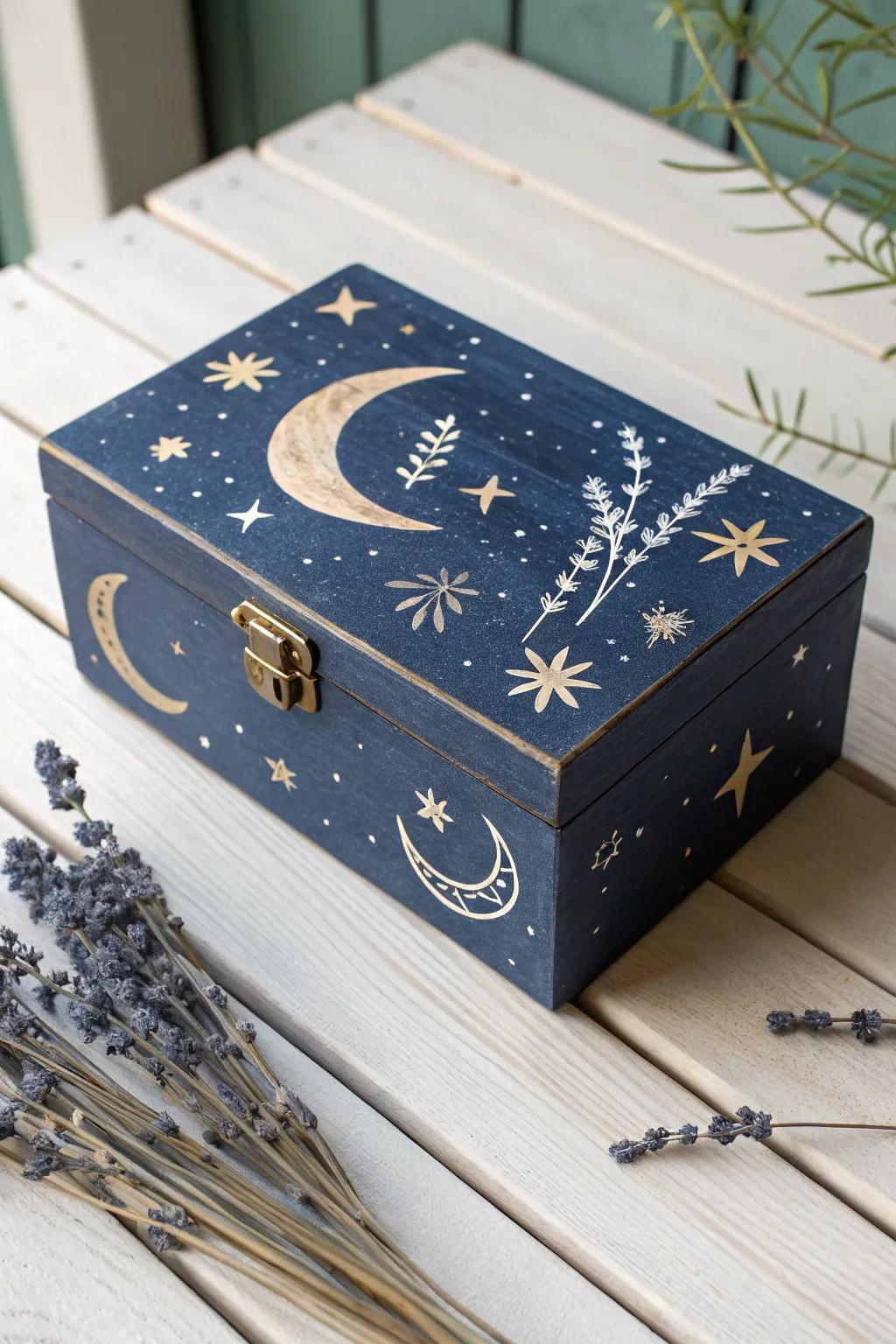 Hand-painted box featuring stars and moons for a serene celestial theme