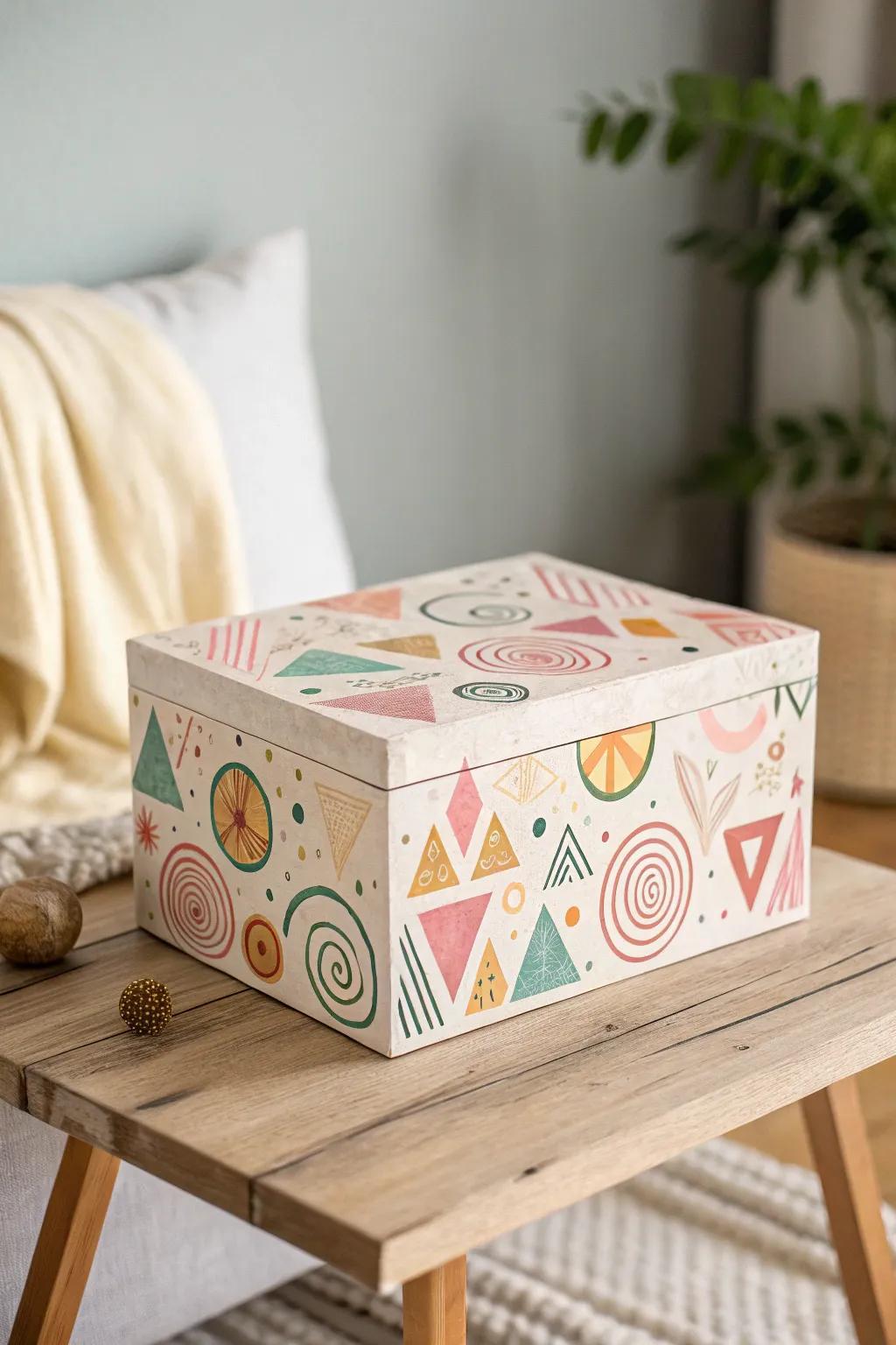 Box featuring bright, colorful patterns blending Scandinavian and Boho styles