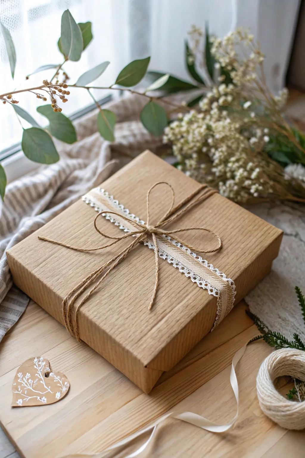 Eco-friendly box decorated with recyclable kraft paper and natural twine