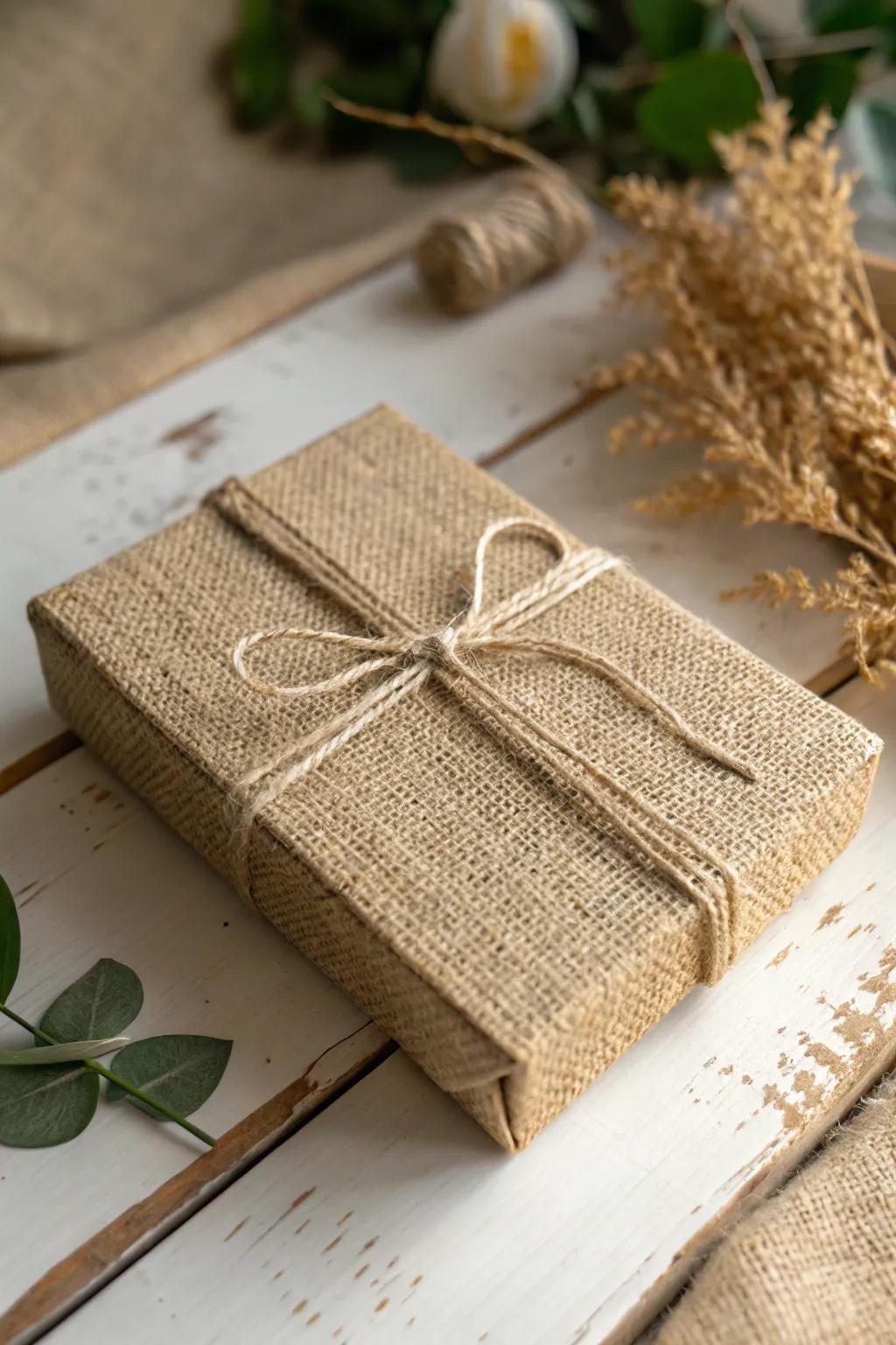 Box wrapped in burlap and twine for a warm, rustic aesthetic