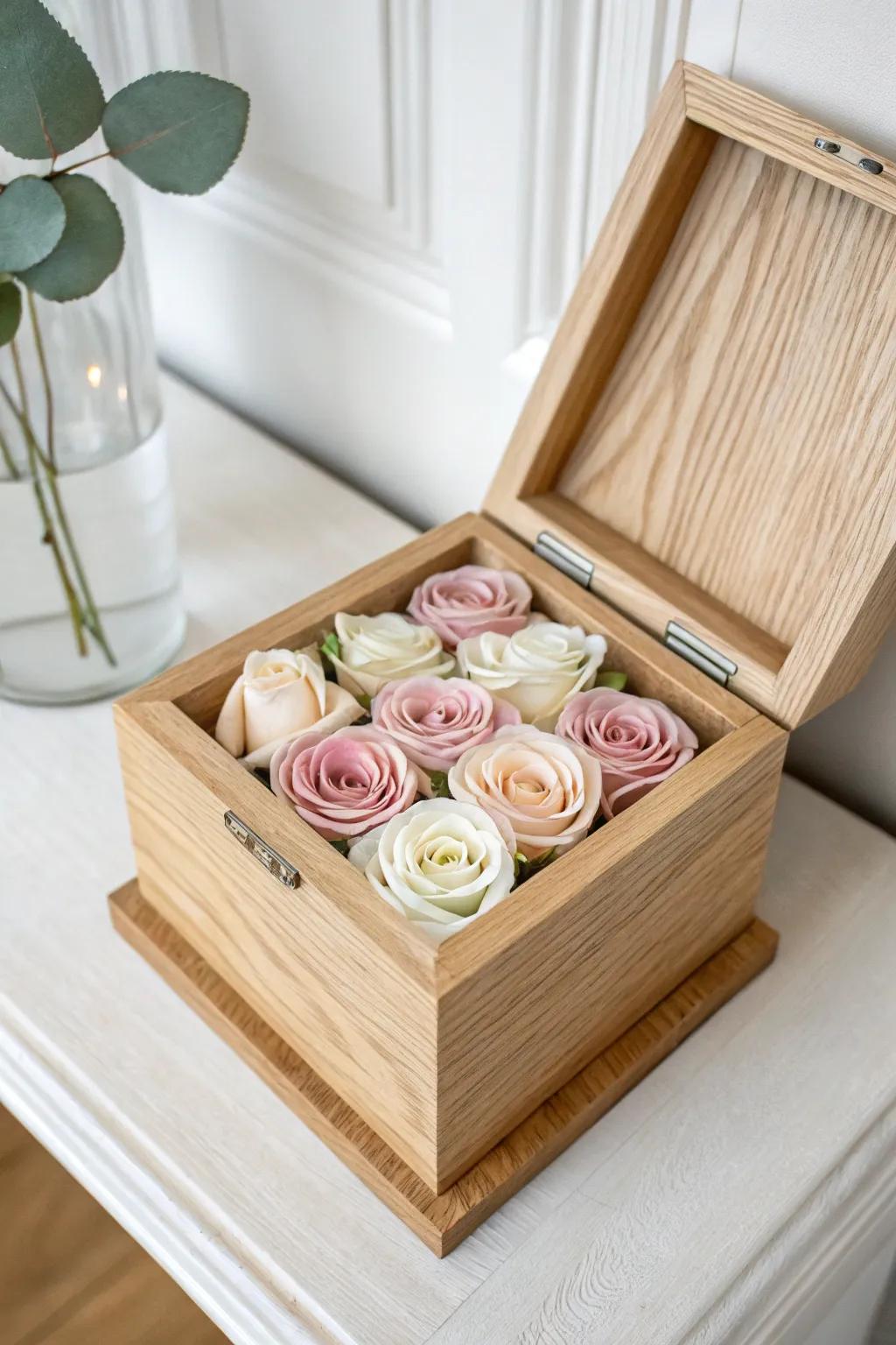 Box adorned with artificial flowers for a sophisticated floral touch