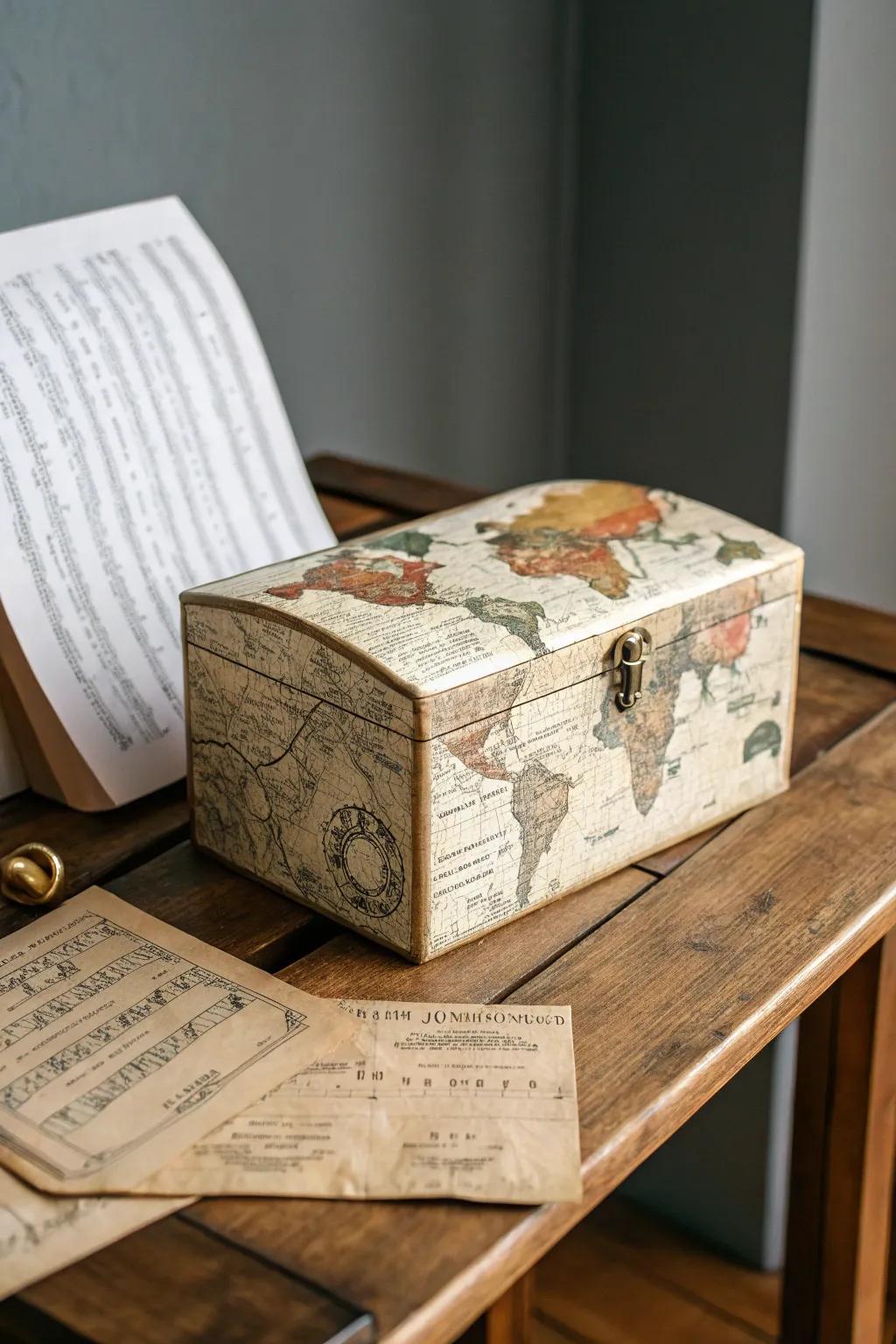 Box decorated with vintage maps and antique sheet music for a nostalgic feel