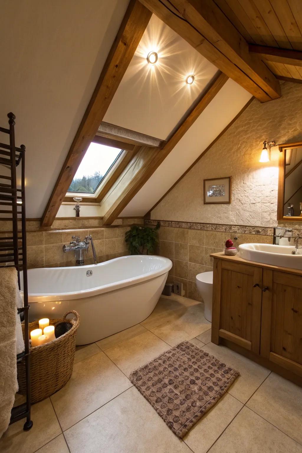 Bathtub nestled under a slanted attic ceiling, creating an intimate bathing spot.