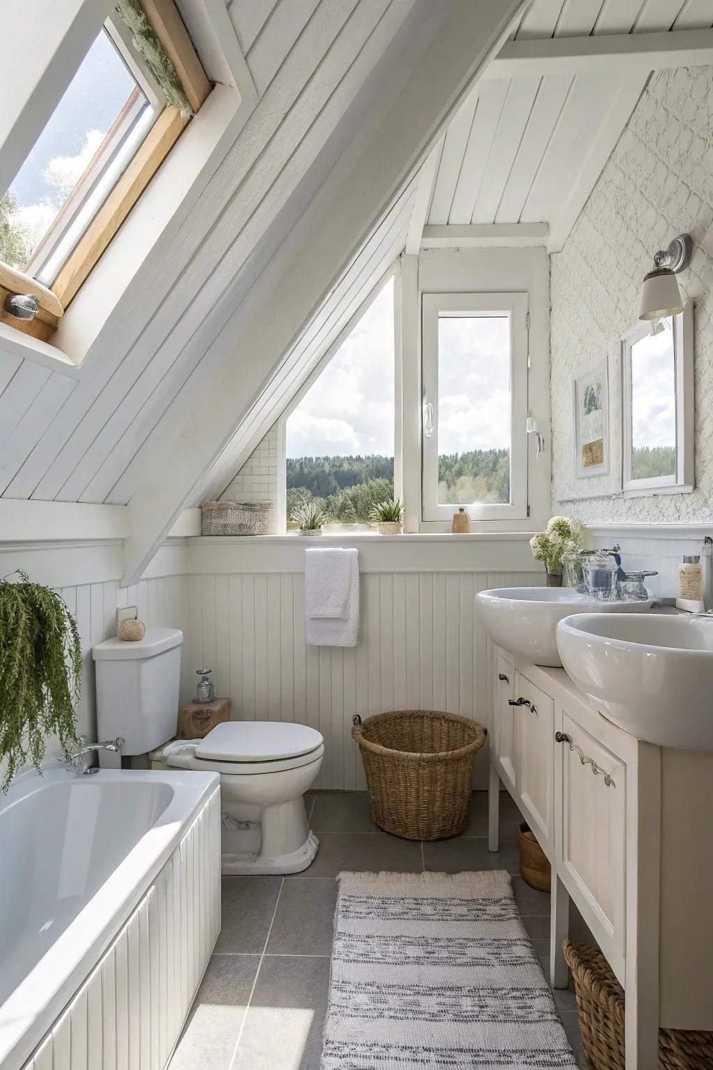 Bright and airy attic bathroom featuring an all-white color scheme.