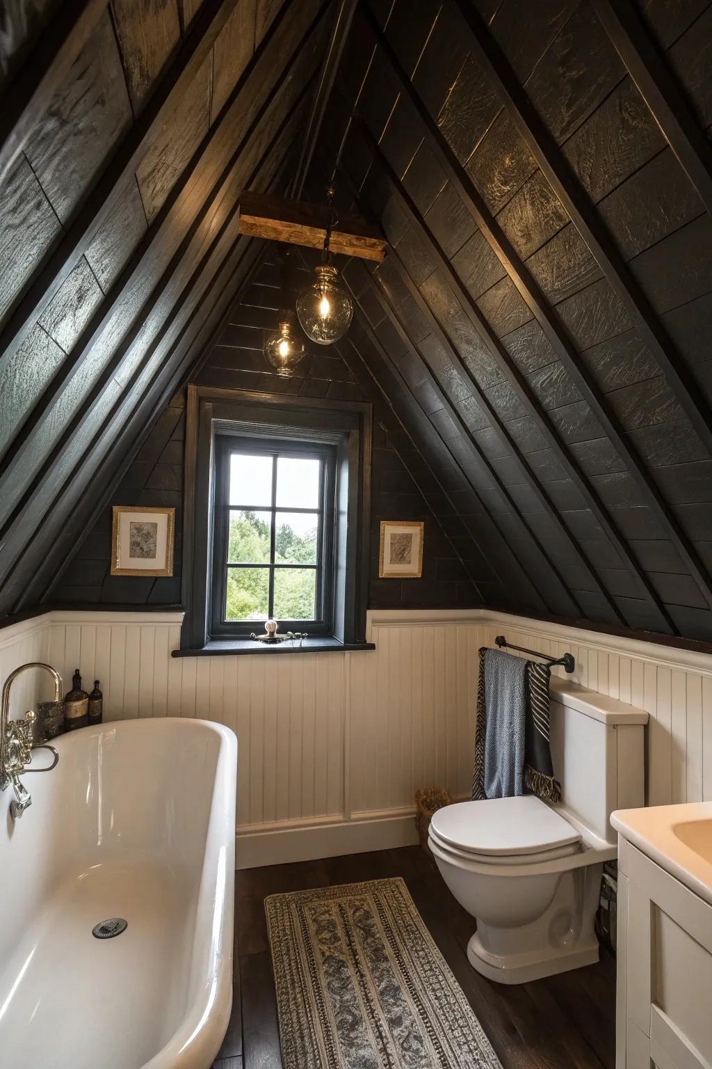 Dark-painted ceiling emphasizing the attic bathroom's architectural details.