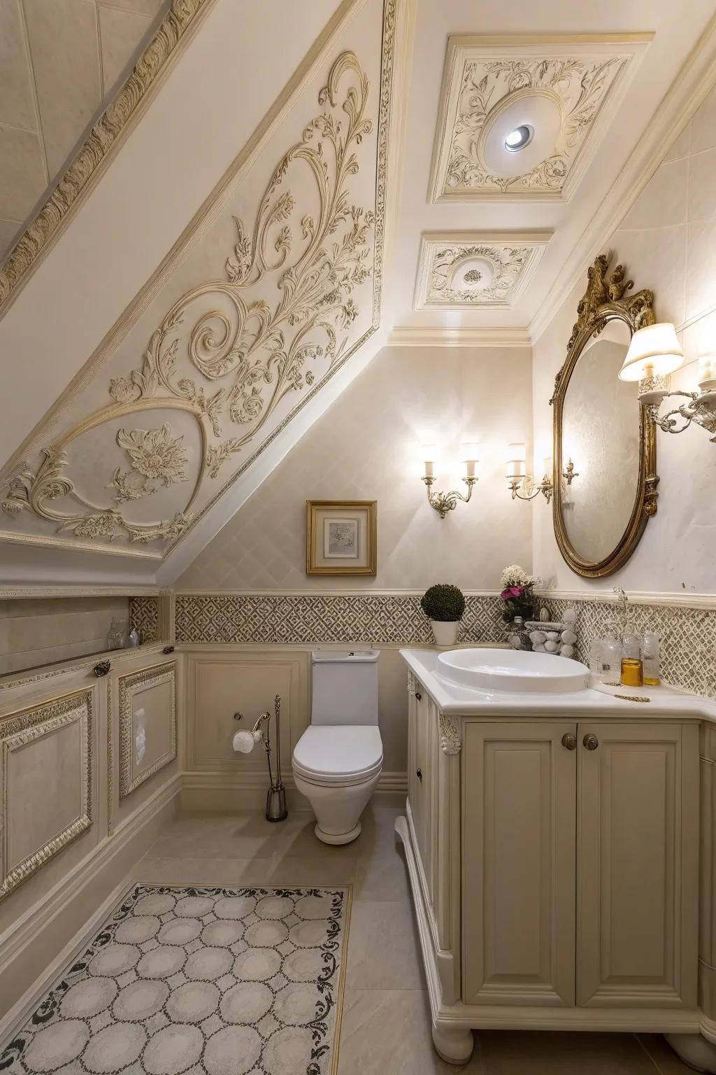 Decorative moulding adds sophistication to this attic bathroom.