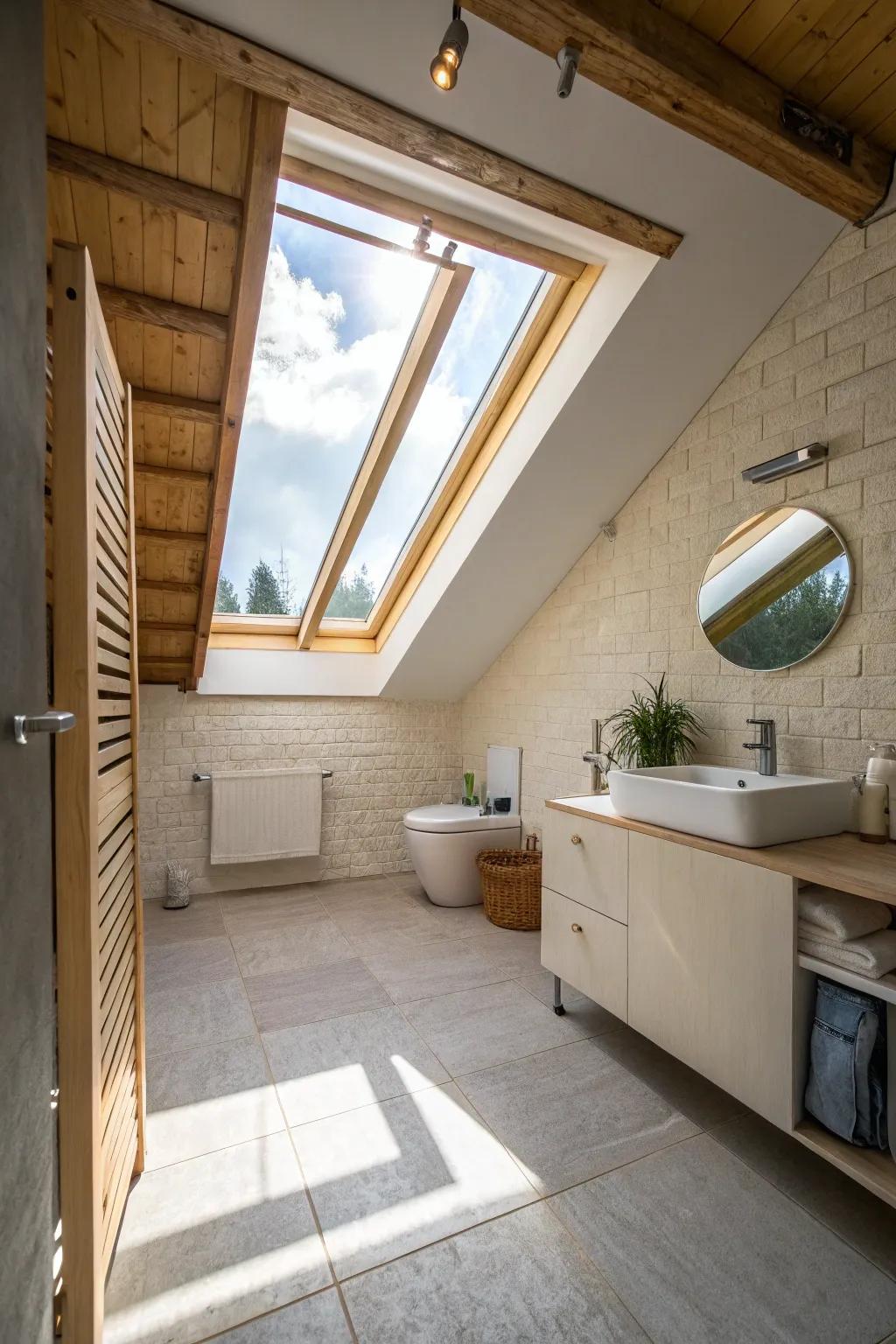 Sunlight floods this attic bathroom through a large skylight, brightening the space.