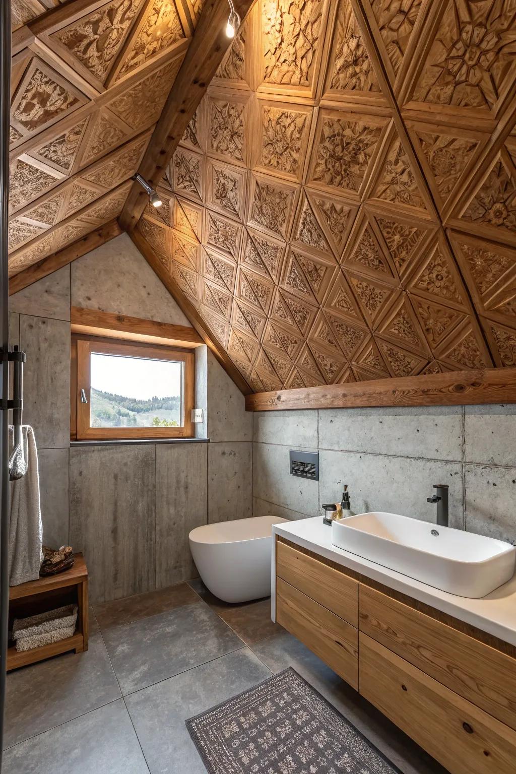 Wood and concrete ceiling textures add depth to this attic bathroom.