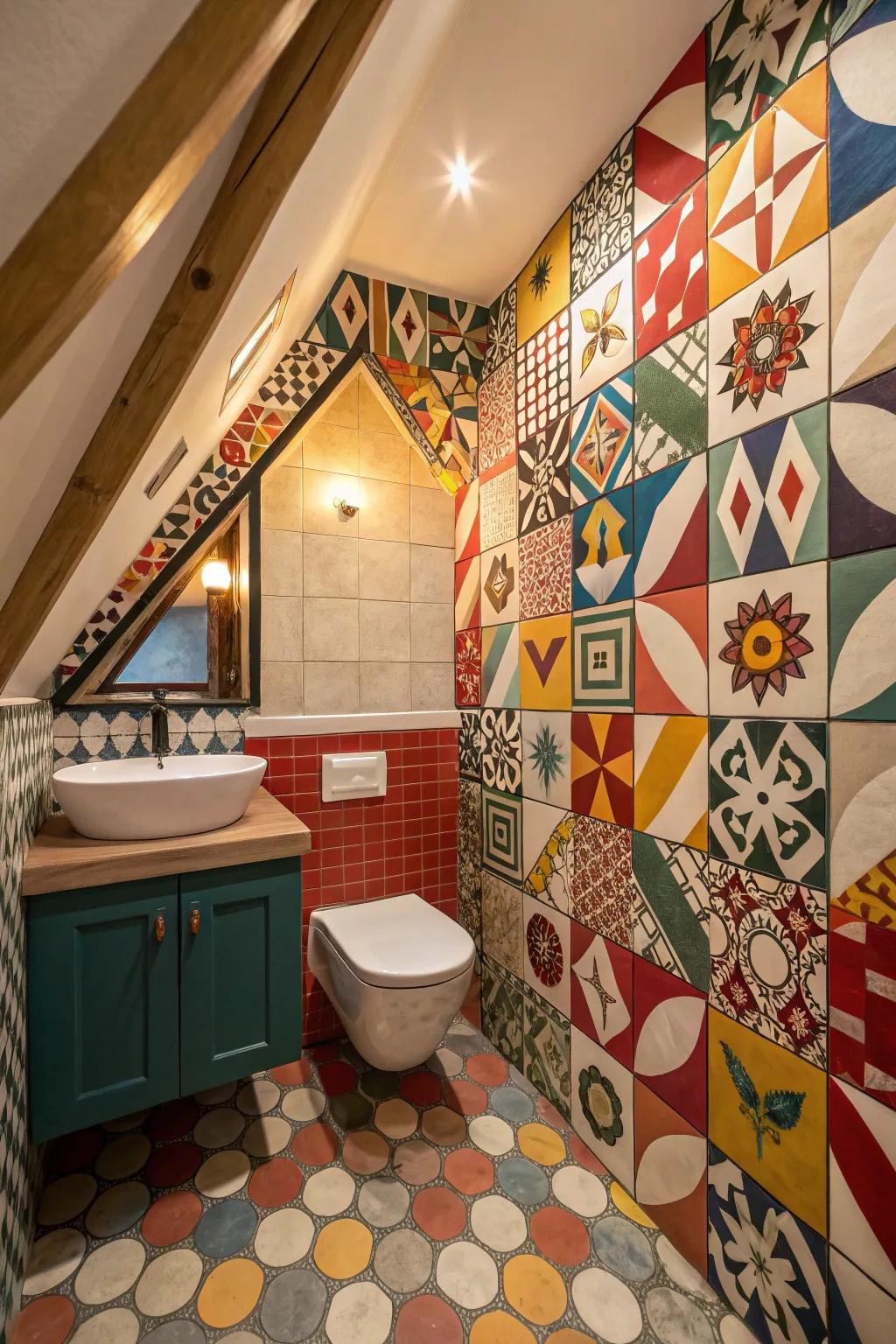 Vibrant geometric tiles bring energy and style to this attic bathroom.