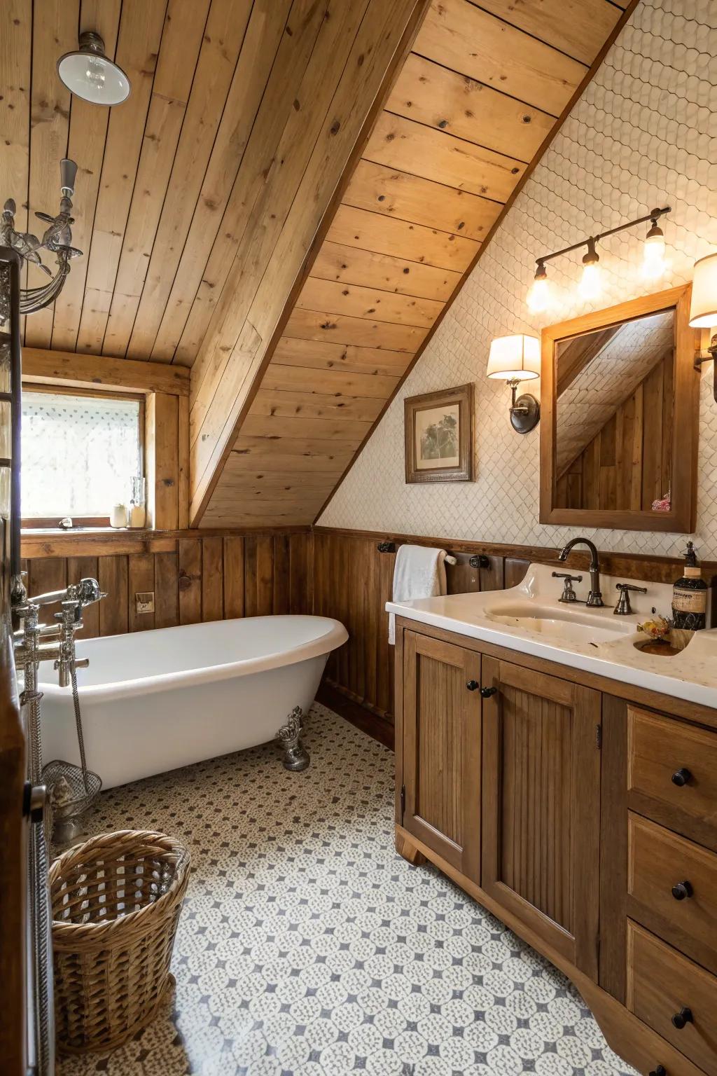 Classic paneling paired with penny tile creates a timeless attic bathroom look.