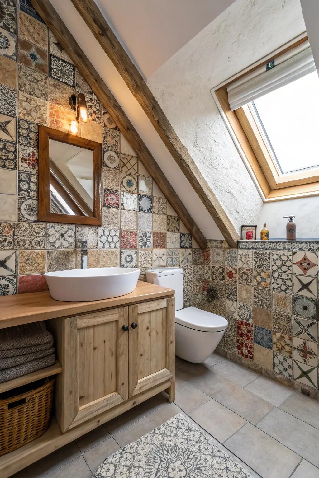 Creative tile installation on sloped walls adds dimension to this attic bathroom.