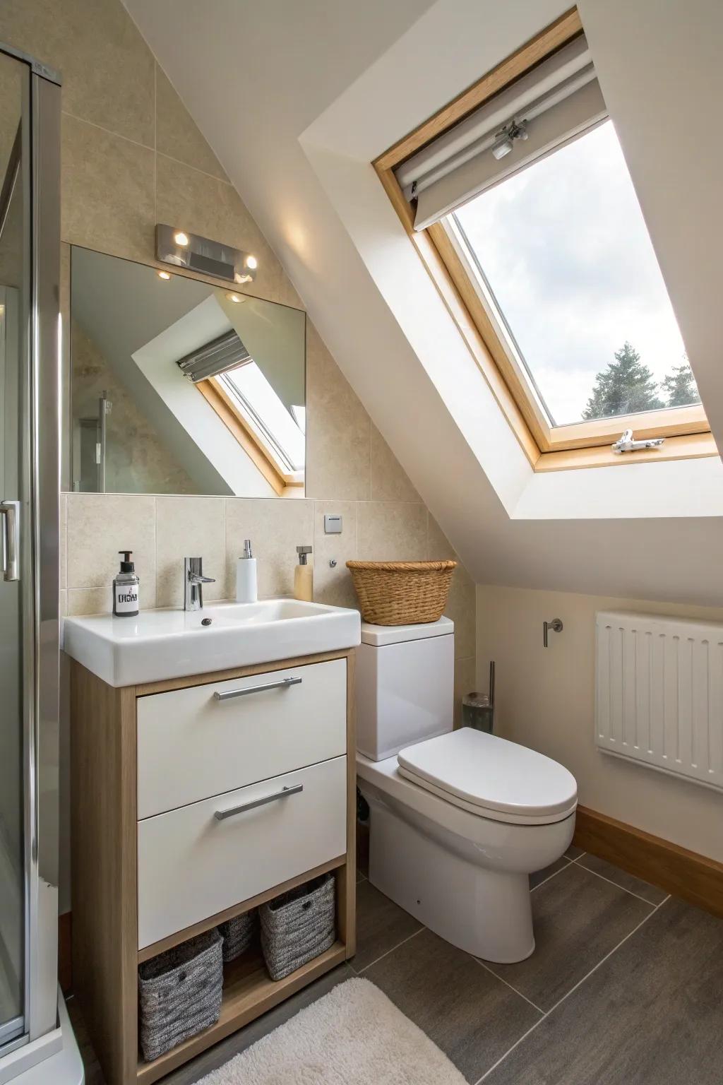 Space-efficient vanity and toilet in an attic bathroom, maximizing room without sacrificing style.