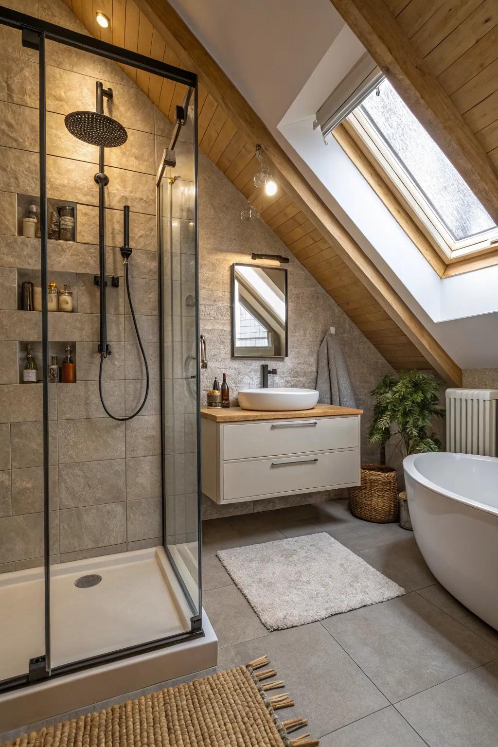 Stylish sloped shower area in an attic bathroom, making use of unique angles.