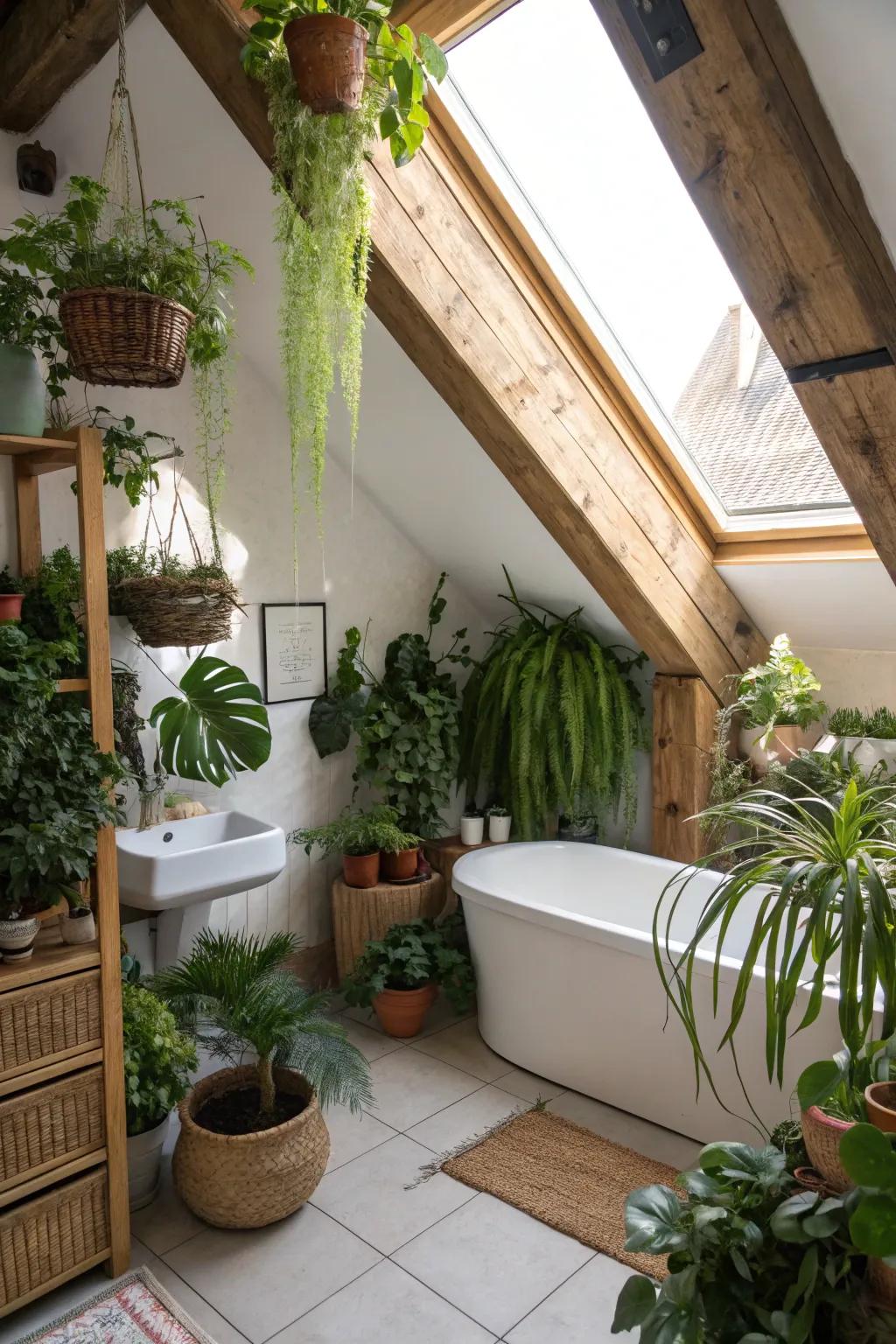 Lush houseplants add life and color to this attic bathroom.
