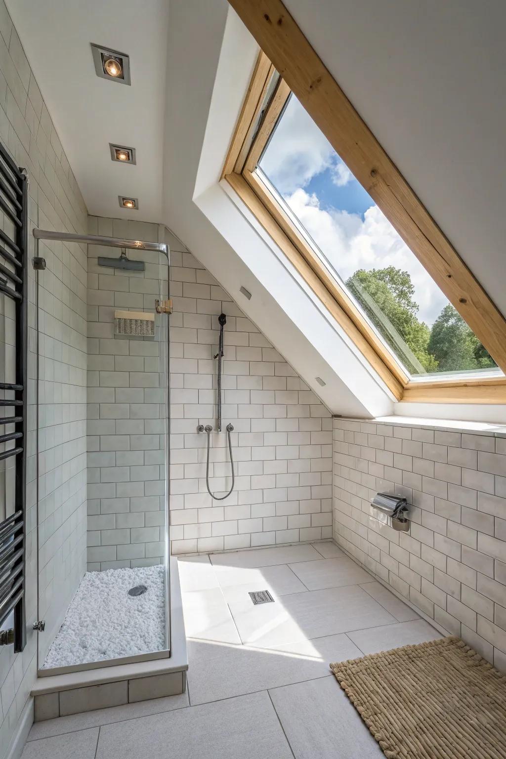 A skylight above the shower brightens the attic bathroom with natural light.