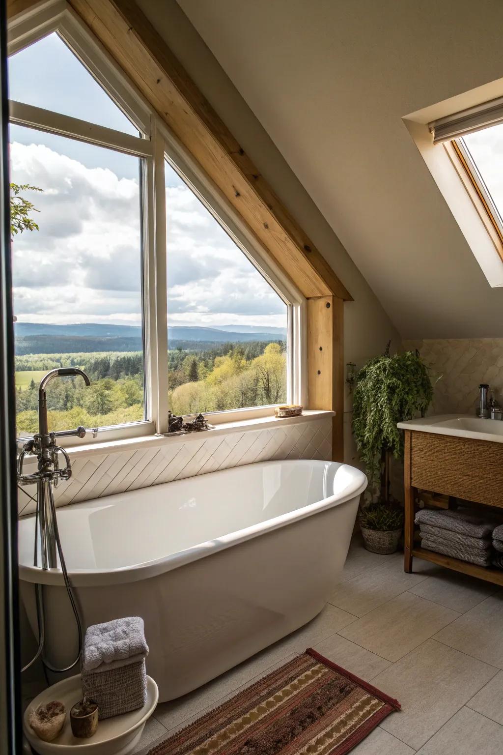 Bathtub positioned next to a window offering a peaceful view in an attic bathroom.
