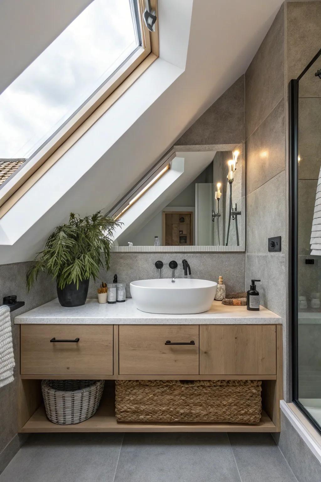 A mirror custom-cut to fit the sloped ceiling of this attic bathroom.