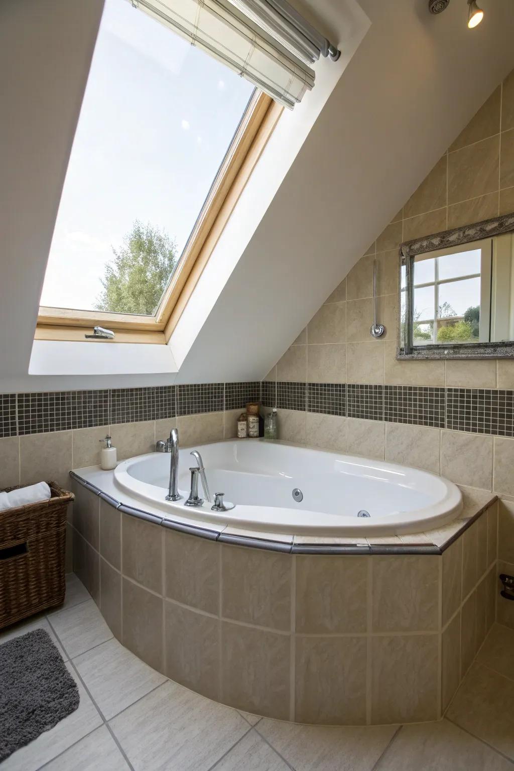 Elegant corner bathtub that maximizes space in this attic bathroom.