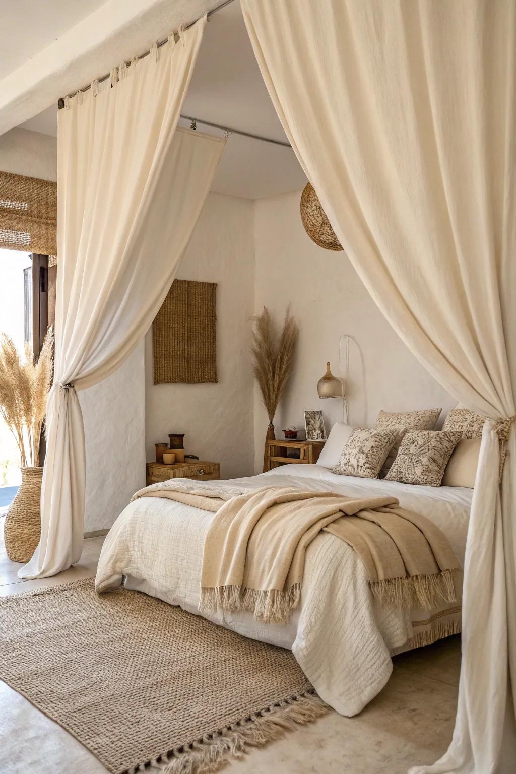 Elegant soft drapery in a cream bedroom