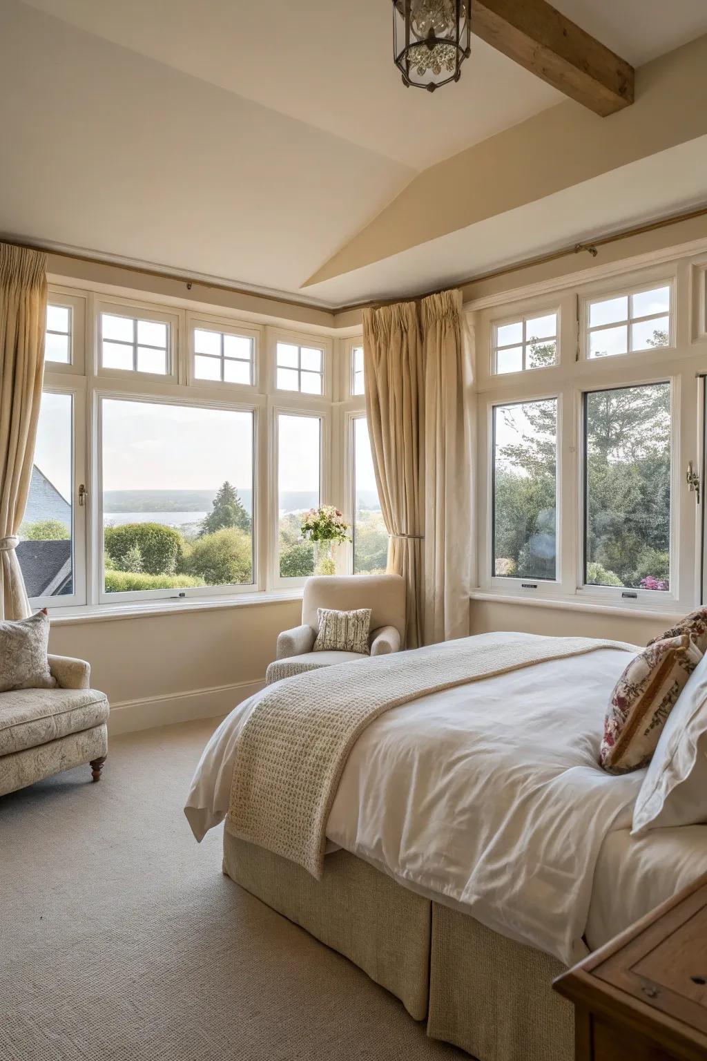 Bright cream bedroom filled with natural light
