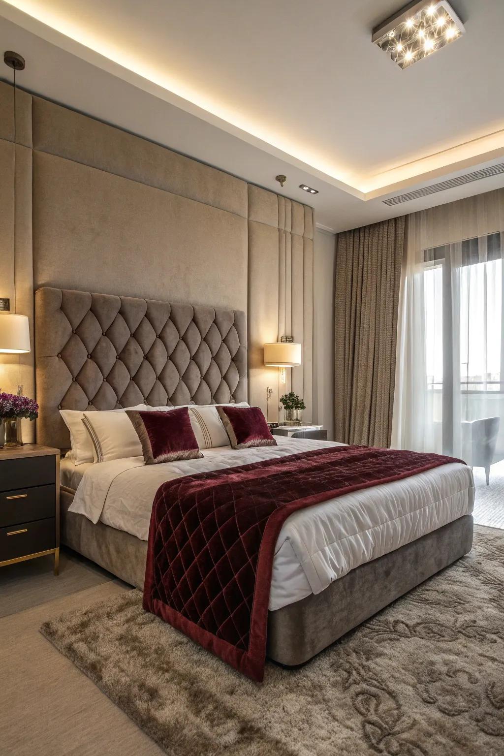 Velvet and upholstery adding richness to a cream bedroom