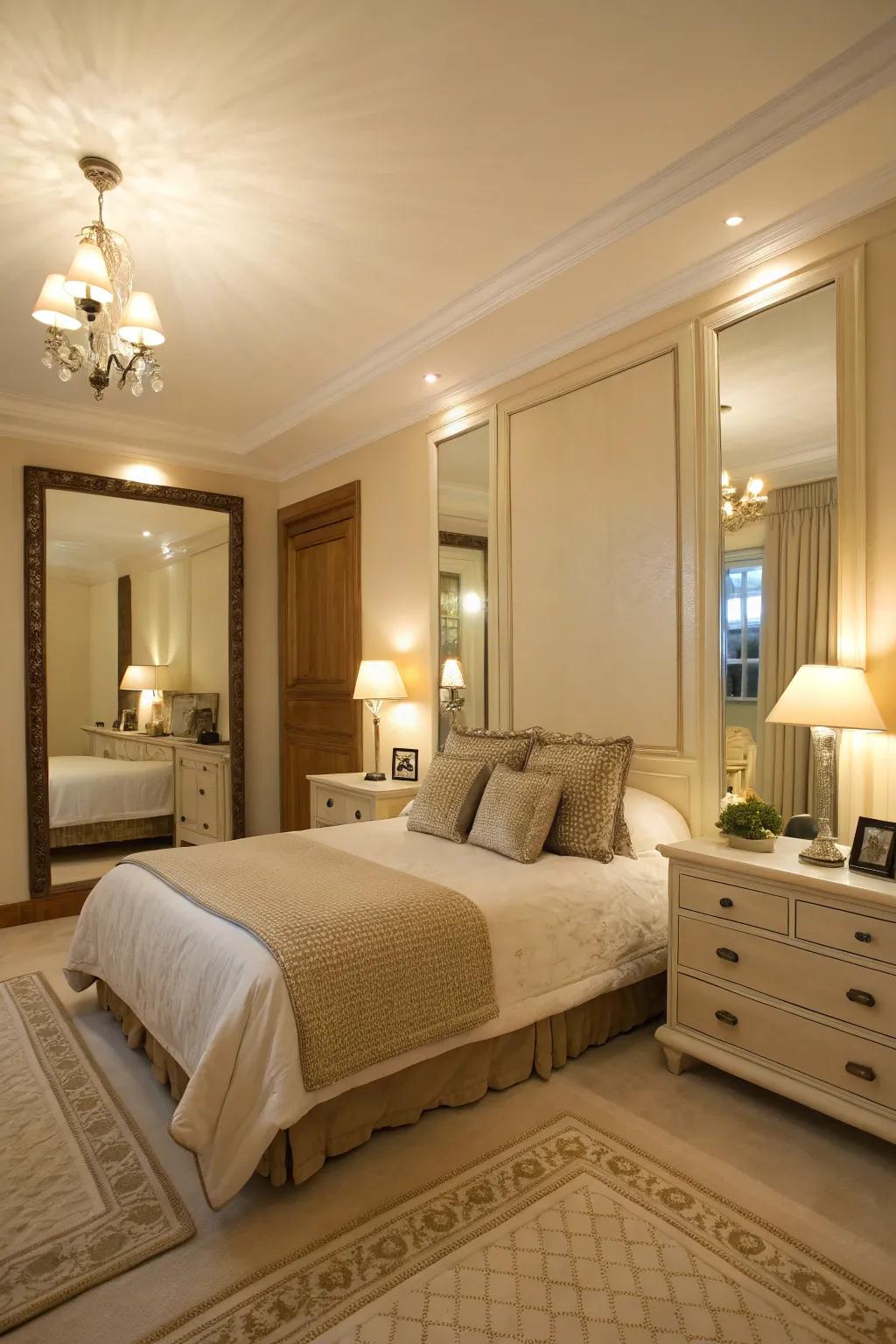 Mirrors enhancing brightness and spaciousness in a cream bedroom