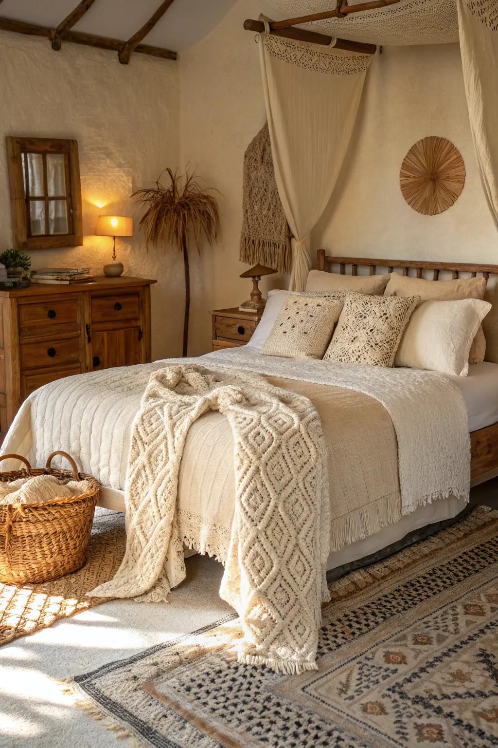 Rustic textiles adding warmth to a cream bedroom