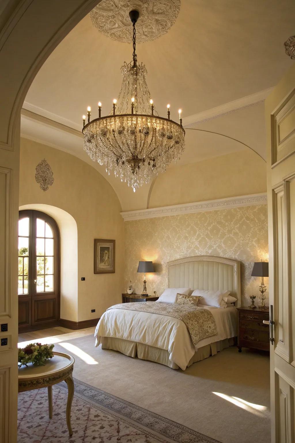 Elegant chandeliers illuminating a cream bedroom