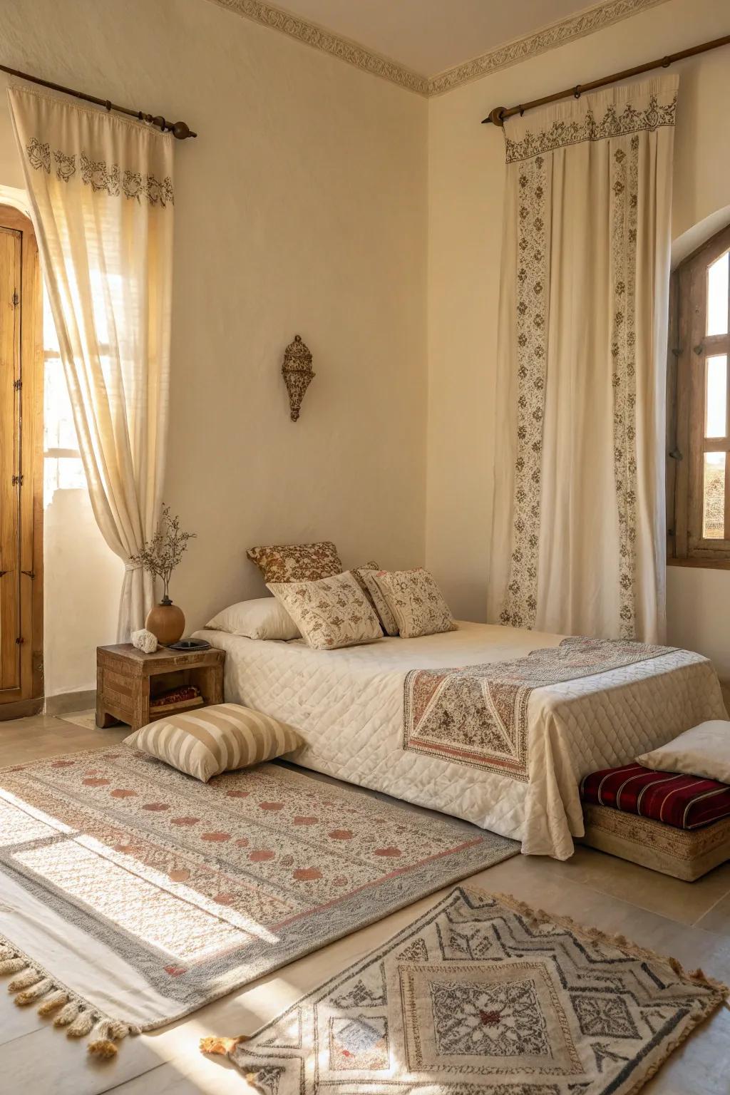Subtle patterned accents in a cream bedroom